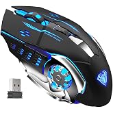AULA SC100 Silent Wireless Gaming Mouse Rechargeable, with Side Buttons, LED Backlit, DPI Adjustable, 2.4G Wireless Optical Computer Mice Punk Cool Mouse for Games/Work (Black)