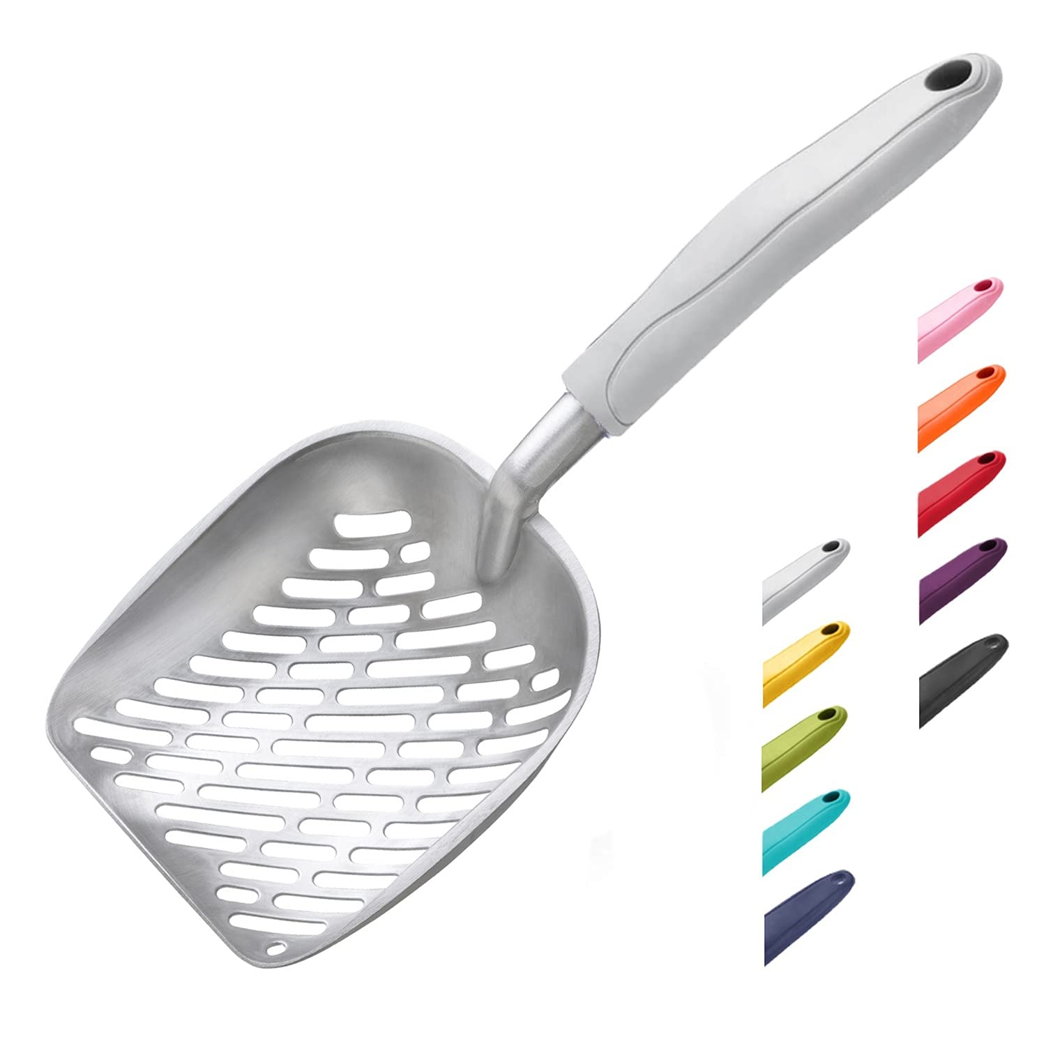 Photo 1 of WePet Cat Litter Scoop, Aluminum Alloy Sifter, Kitty Metal Scooper, Deep Shovel with Diagonal Sifting Hole, Long Handle, Kitten Poop Lifter for Litter Box, Large Size, Grey Handle