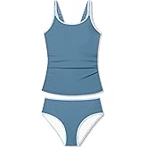 TyeSmo Girls Swimsuit Solid Color 2 Piece Girls Tankini Swimsuit Contrast Trim Teen Bathing Suit Padded Modest Swimwear 9-16y