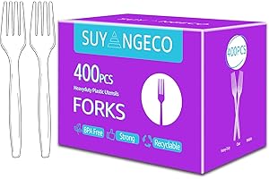 SUYANGECO [400 Count] Heavy Duty Clear Plastic Forks Disposable Plastic Fork Bulk Utensils Reusable Cutlery Set Thick Plasticware Silverware for Party,Every Day Use,Picnic,Camping,Wedding,Barbecues