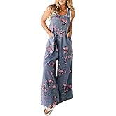 ebossy Women's Floral Denim Bib Overalls Adjustable Straps Sleeveless Wide Leg Long Jean Jumpsuit