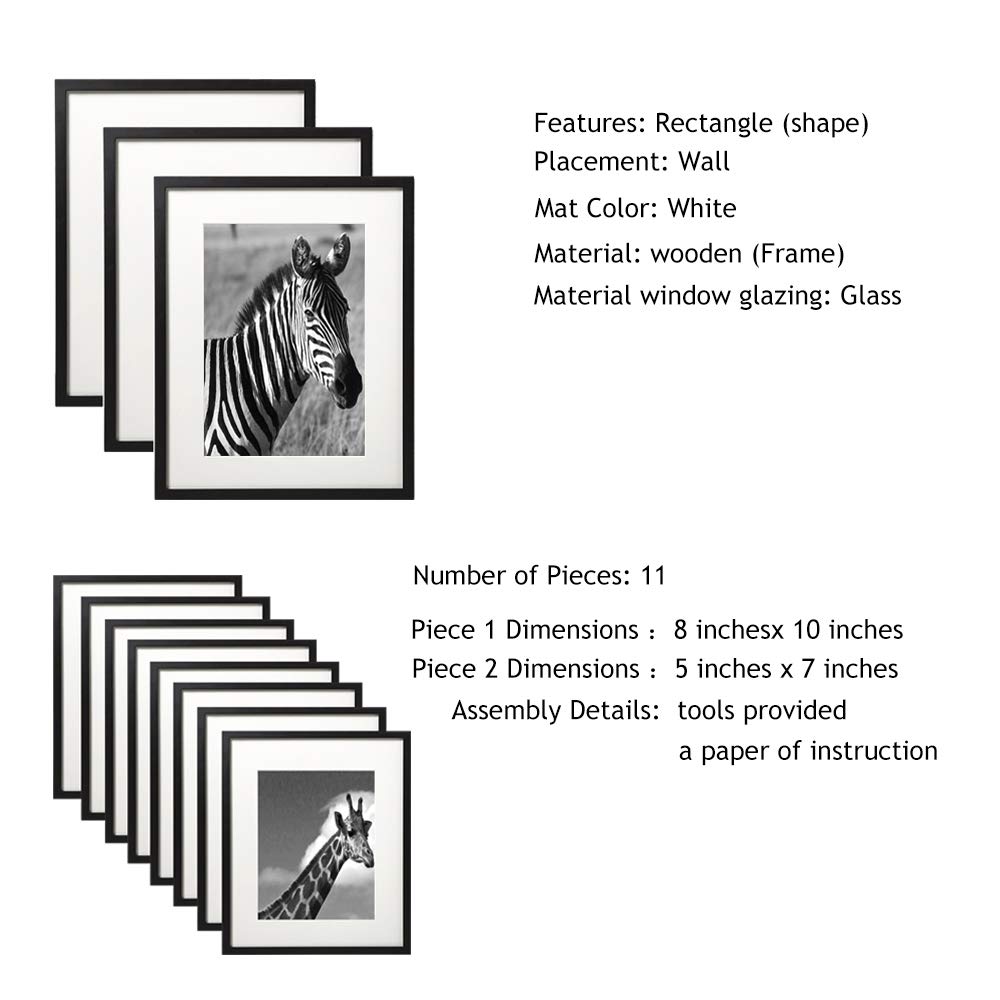 WOOD MEETS COLOR Wall Photo Frames multiple photos, Including White Picture Mats and Installation Instruction, Set of 11 Collage Frames, 3-8x10 Inches, 8-5x7 Inches (Black)