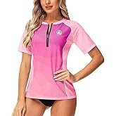 AOBUTE Women Zip Rash Guard UPF 50+ Gradient Short Sleeve Swim Top Surf Shirts