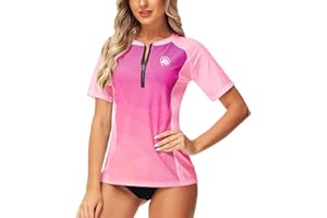 AOBUTE Women Zip Rash Guard UPF 50+ Gradient Short Sleeve Swim Top Surf Shirts