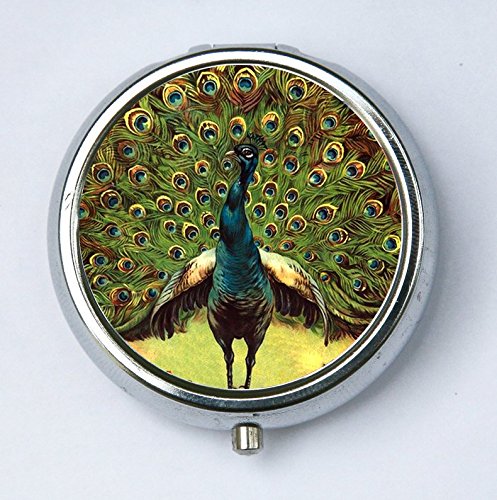 Green Peacock pillbox pill case box holder peacock feathers