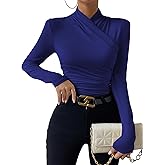 SweatyRocks Women's Ruched Mock Neck Long Sleeve T Shirt Solid Slim Fitted Tee Tops