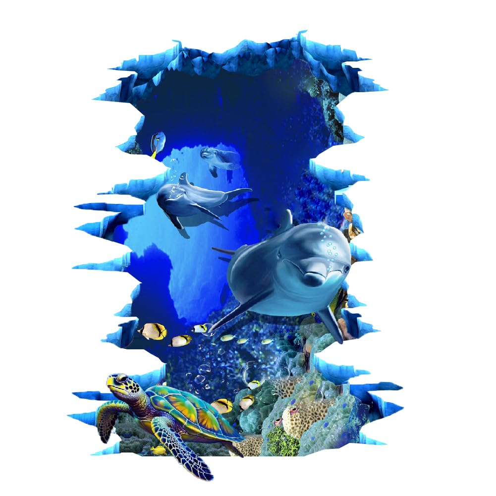 SUPERDANT 3D Wall Stickers 3D Ocean Animals Wall Decals Dolphin Turtle Wall Sticker Under The Sea Wall Decal Nursery Wall Stickers Peel and Stick Underwater Wall Art for Floor Kids Room Bathroom