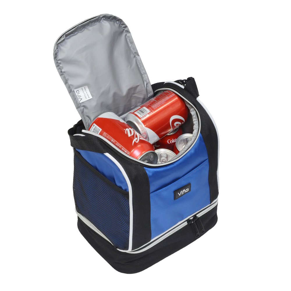 Vina Insulated Lunch Bag, Dual Compartment Reusable Bento Lunch Box Cooler Tote with Shoulder Strap for Adult and Kids, Blue