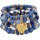 Nyx&lvy Pink Crystal Beaded Stretch Bracelet Set with Gold Heart Charm, Multi-Strand Fashion Jewelry for Women