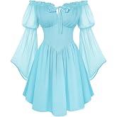 Scarlet Darkness Women's Renaissance Faire Fairy Witchy Dress with Pockets | Off Shoulder, Bell Sleeves, Front Tie, Smocked Back, Left Zip, Side Pockets. For Halloween Gothic Witch Cosplay & Ren Faire