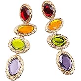 Happyyami Retro Gem Earrings Long Shining Rhinestone Eardrop Colorful Dangle Earrings for Women Vintage Style Party Beach Travel Jewelry