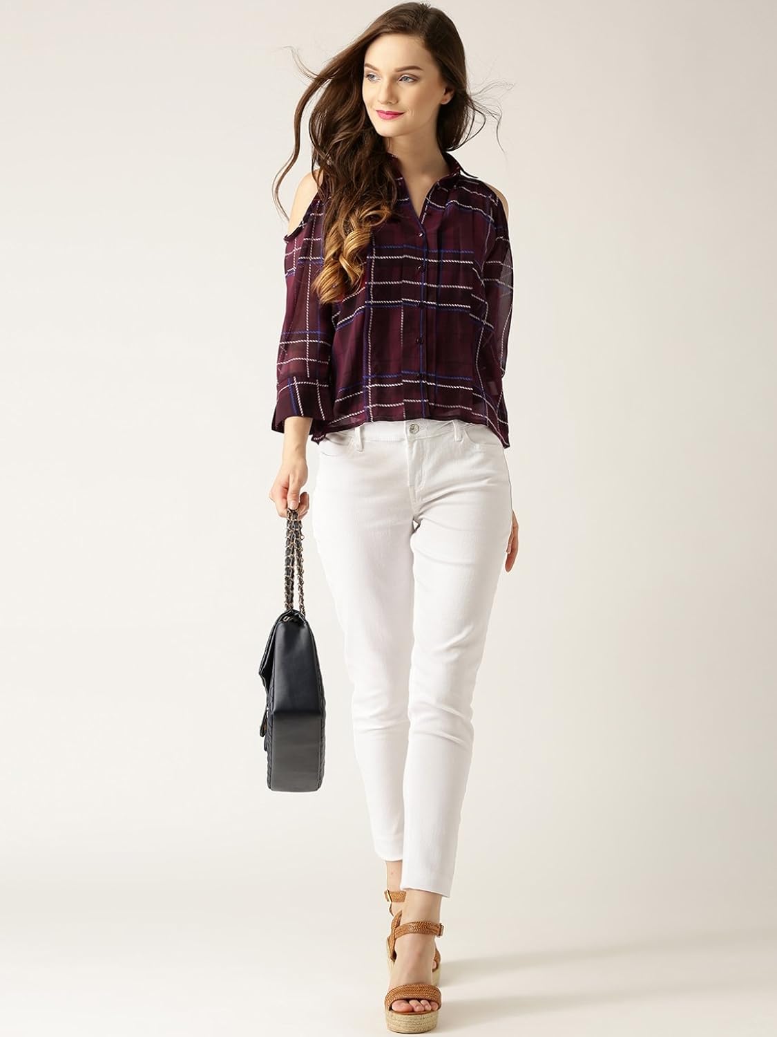marie claire women maroon checked casual shirt (mc563)