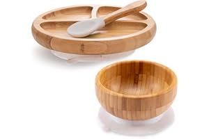 HI BABY MONMENT Baby Divided Bamboo Plates, Bowls with Suction and Matching Spoon Set, 3 Piece Feeding Supplies Set for Infant, Toddlers, Detachable Silicone Suction Stay Put Base for Wooden Bowl, Plate