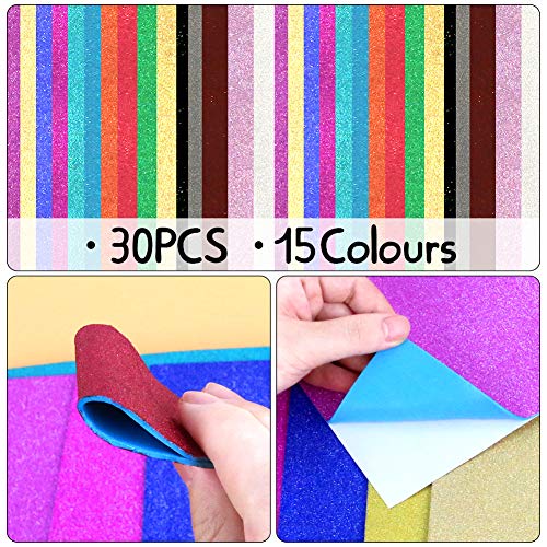 3 otters Glitter Foam Sheet, 30PCS Adhesive Foam Sheets Glitter Foam Paper Craft Foam Sheet 11.8 x 7.8 inches, 15 Colors