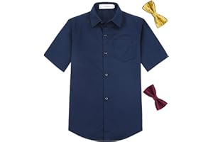 Aimehonpe Boys Short Sleeve Dress Shirts Solid Poplin Soft Stretch Fabrics with Two Bow Tie Set