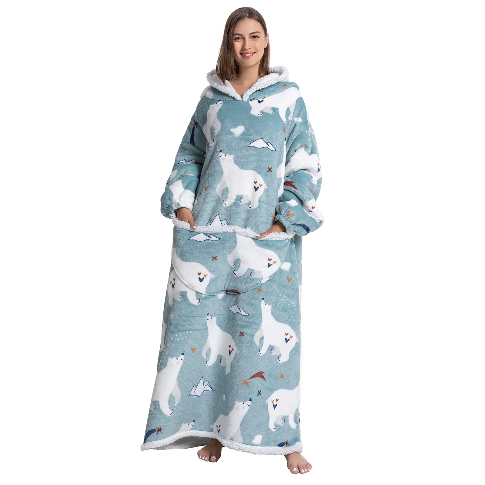 Extra Long Blanket Hoodie, Women Men Sherpa Fleece Snuggle Wearable Blanket, Fluffy Giant Hooded Sweatshirt for Adult Teen