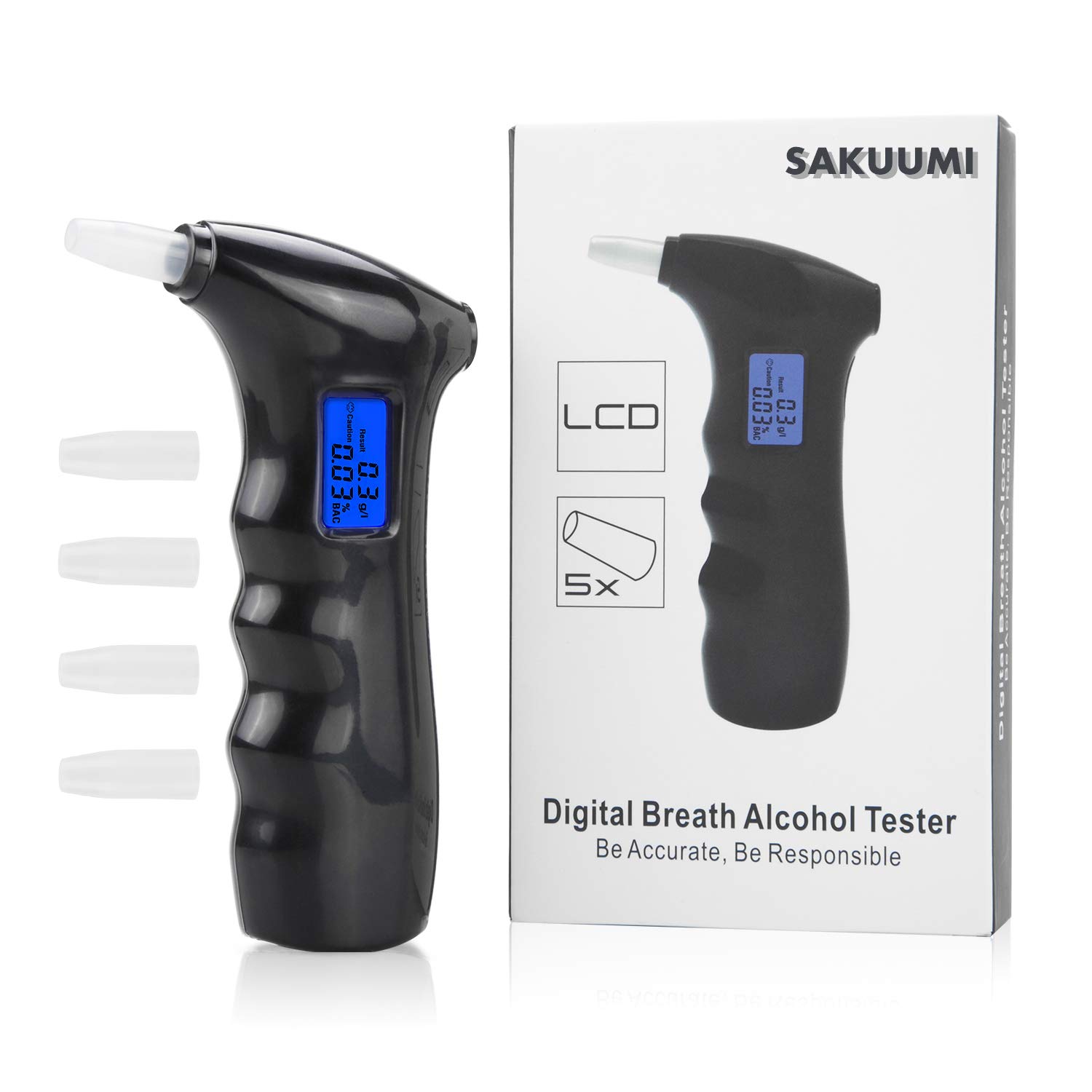 SAKUUMI Breathalyzer, Portable Alcohol Breath Tester with LCD Display Digital Fast, High Accuracy Alcohol Detector with 5Pcs Mouthpieces