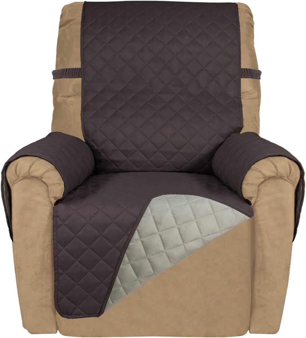 Slipcovers - PureFit Reversible Quilted Recliner Sofa Cover, Water Resistant Furniture Protector, Washable Couch Cover with Non Slip and Elastic Straps for Kids, Dogs, Pets (Small Recliner, Chocolate/Beige)