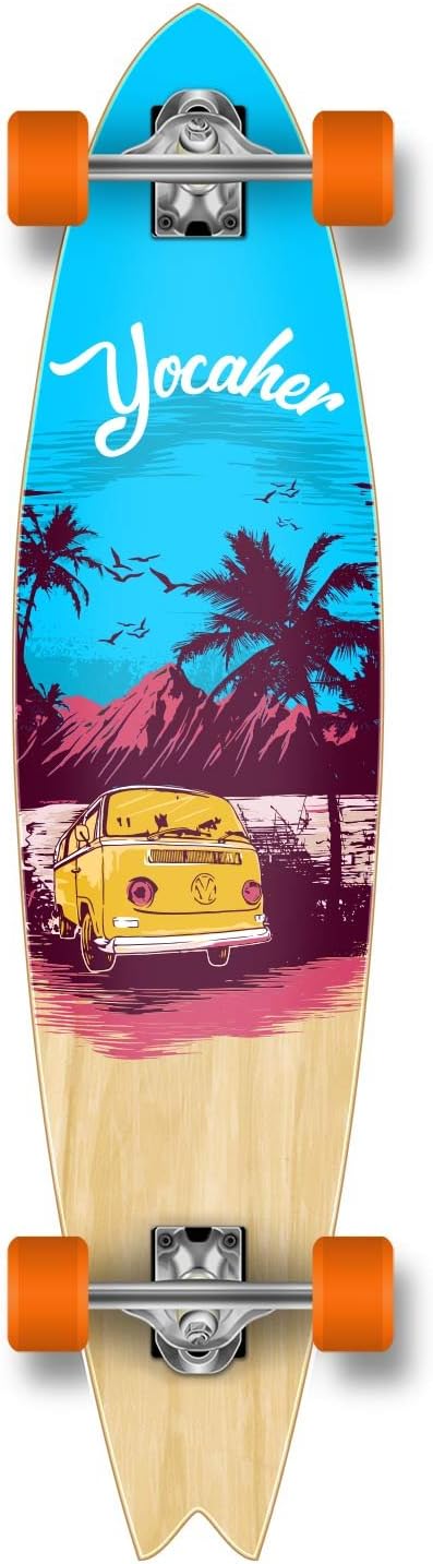 Yocaher New VW Vibe Beach Series Longboard Complete Cruiser and Decks Available for All Shapes (Complete-Fishtail-Blue)