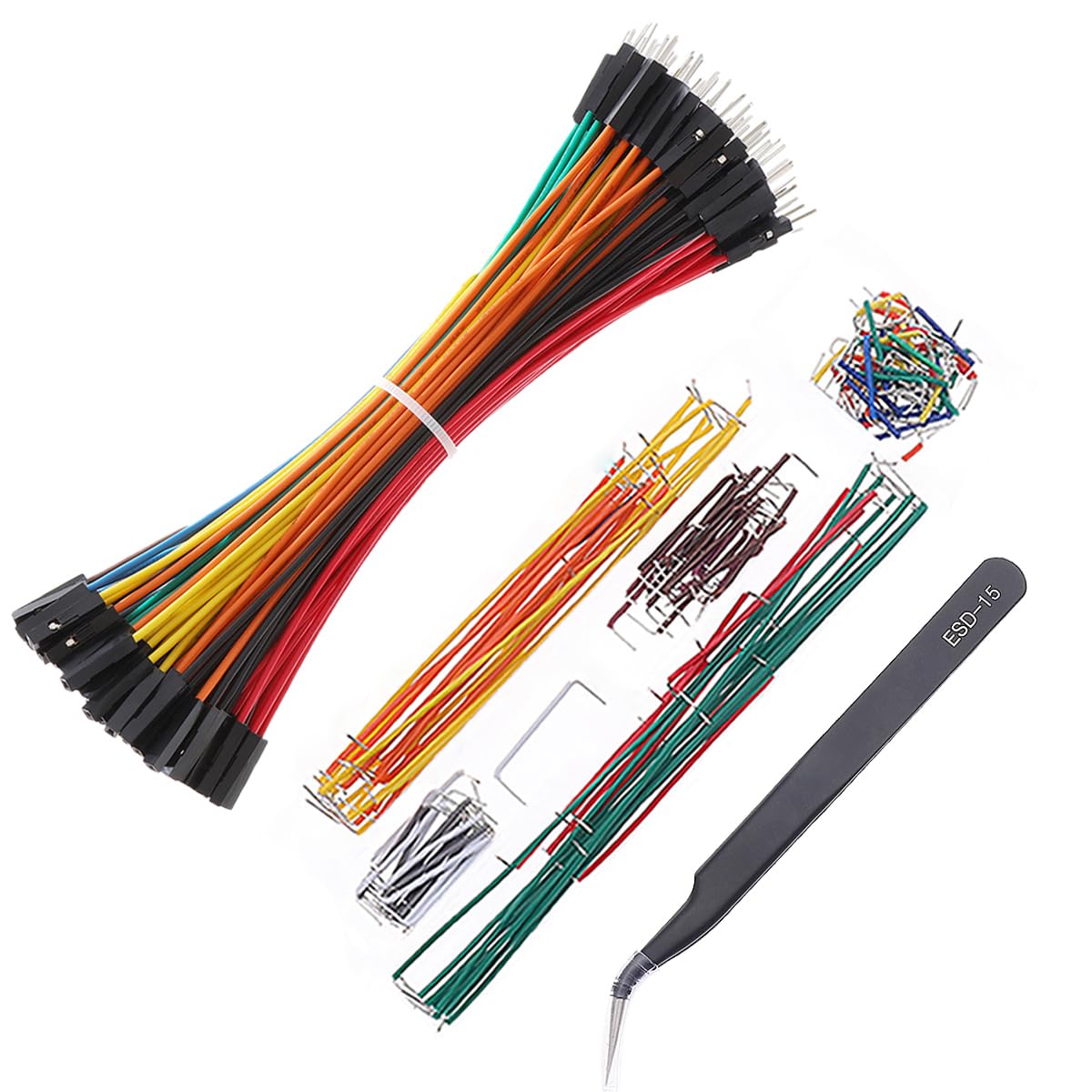 Breadboard Jumper Wires 20AWG Plus 140 Pieces U Shape Preformed And Assorted Jumper Wires Kits Plus ESD Tweezers, Bread board DuPont M/F 0.1'' Head Jumper Wires Cable Kits (6" / MF)