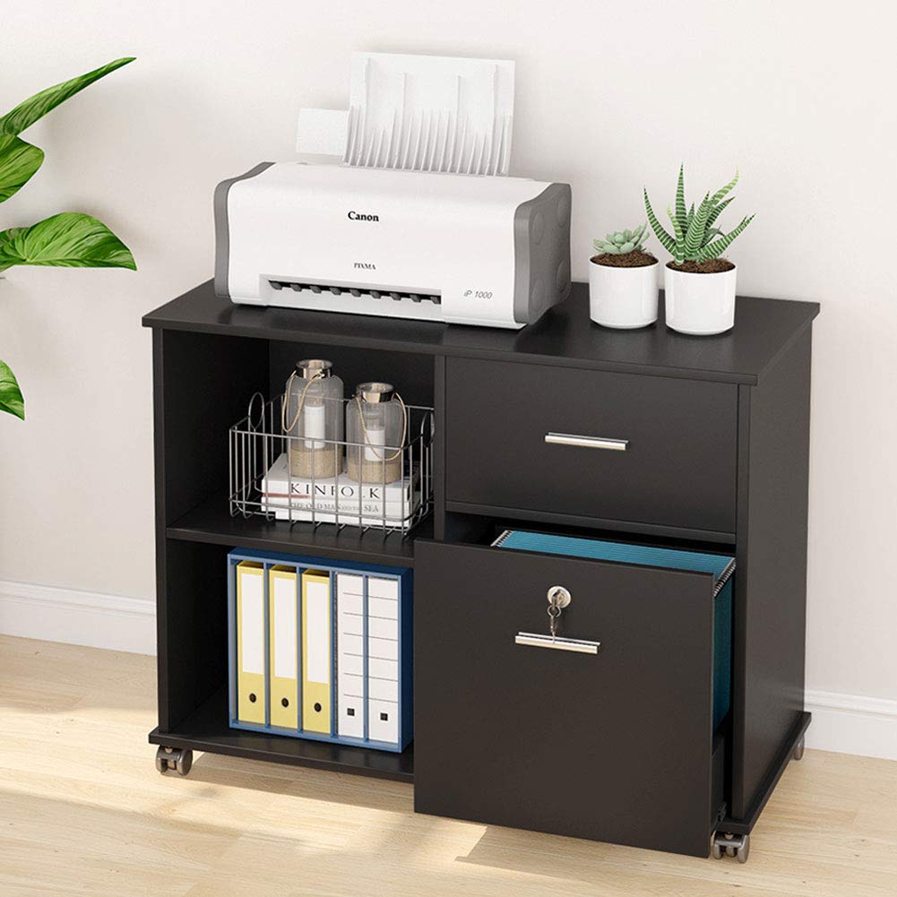 Black Mobile Lateral Filing Cabinet For Letter Size Tribesigns 2 Drawer File Cabinet With Lock Printer Stand With Rolling Wheel And Open Storage Shelves For Home Office File Cabinets