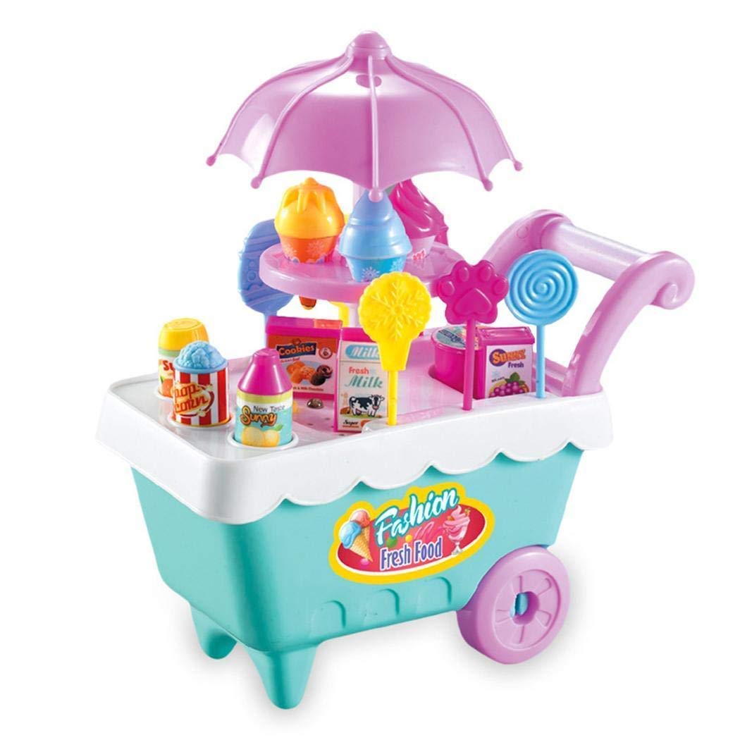 ThinIce 19PCS Rotating Ice Cream Cart Toy Candy Cart Pink Miniature Sweet Shop Supermarket Trolley Toys with Music for Boys Girls Child Children Birthday Gift