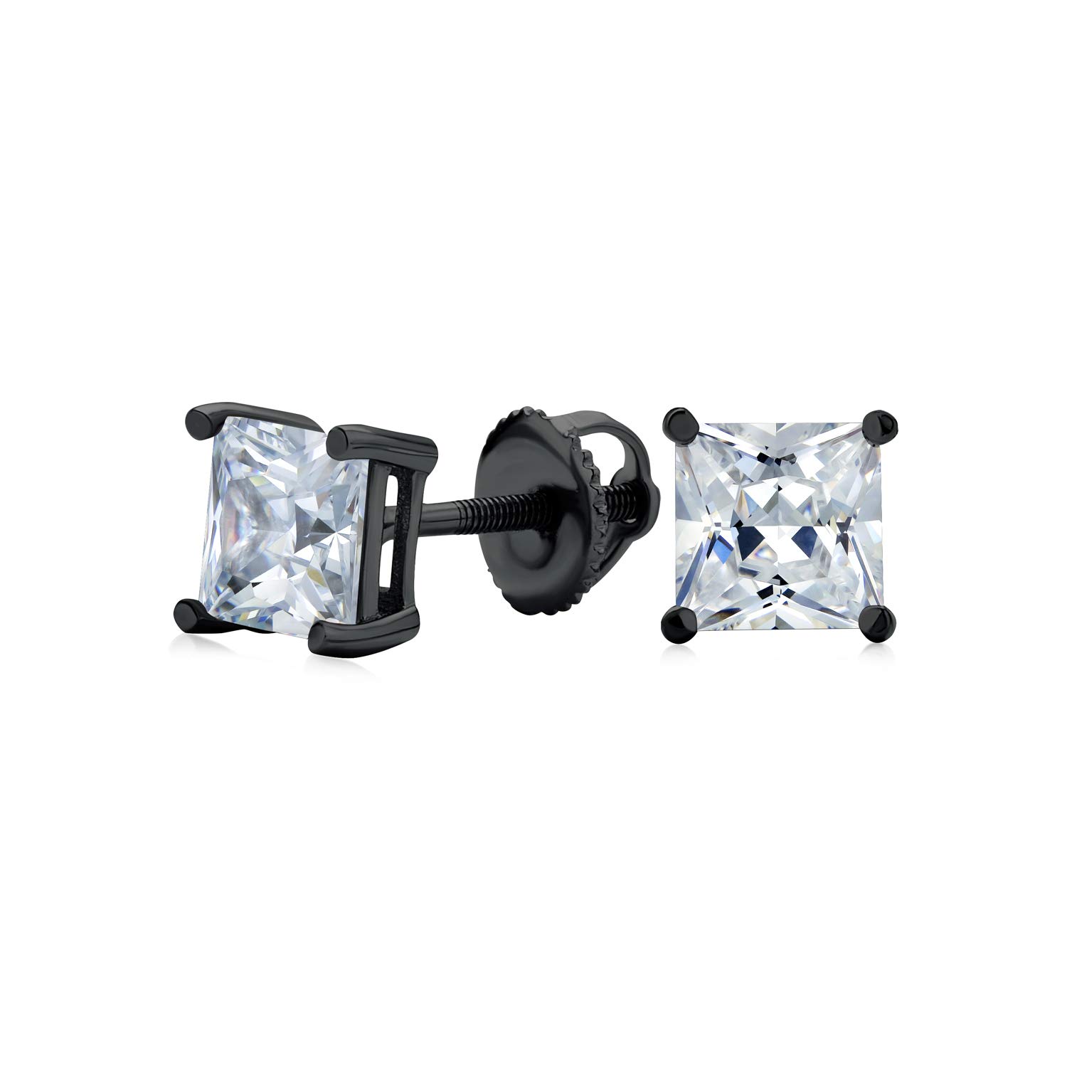 Clear Square Princess AAA Cut Cubic Zirconia Solitaire Stud Earrings For Men Women CZ Secure Screw Back Black Plated .925 Sterling Silver — image 1