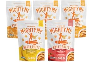 Mission Mighty Me Nutty Puffs All Peanut Variety Pack - Organic Peanut Butter Puffs for Babies + Kids - Pediatrician Developed - USDA Organic - Peanut Butter, Strawberry, Banana Flavor (1.5oz, 5-Pack)