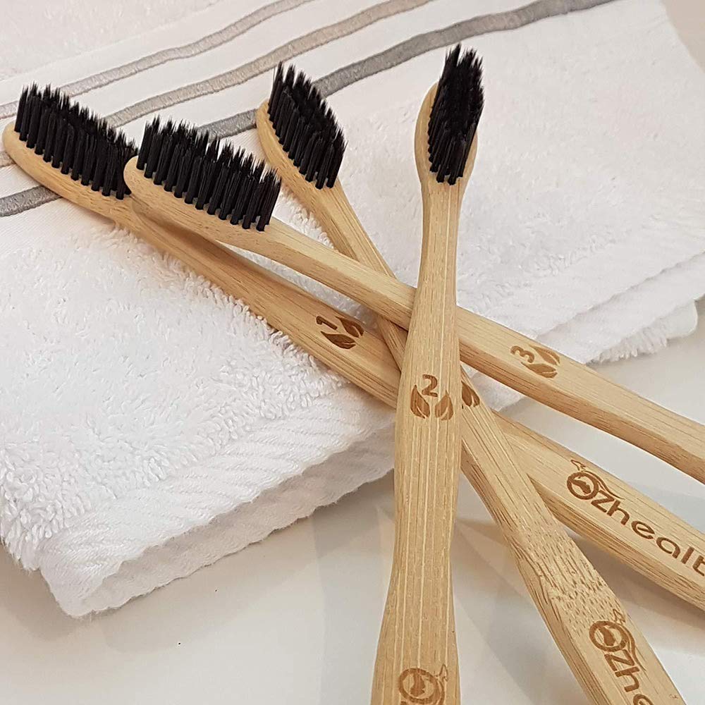 Bamboo Toothbrush - iBayx All Natural Organic Eco-Friendly Antibacterial Toothbrushes with Bamboo Handle and Charcoal Bristles, BPA Free & 100% Plastic-Free Biodegradable, Family Set, 4 Pack