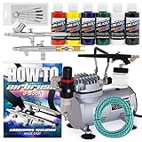 PointZero Multi-purpose 3 Airbrush Kit w/ Compressor and Createx Colors Set of 6 Paints