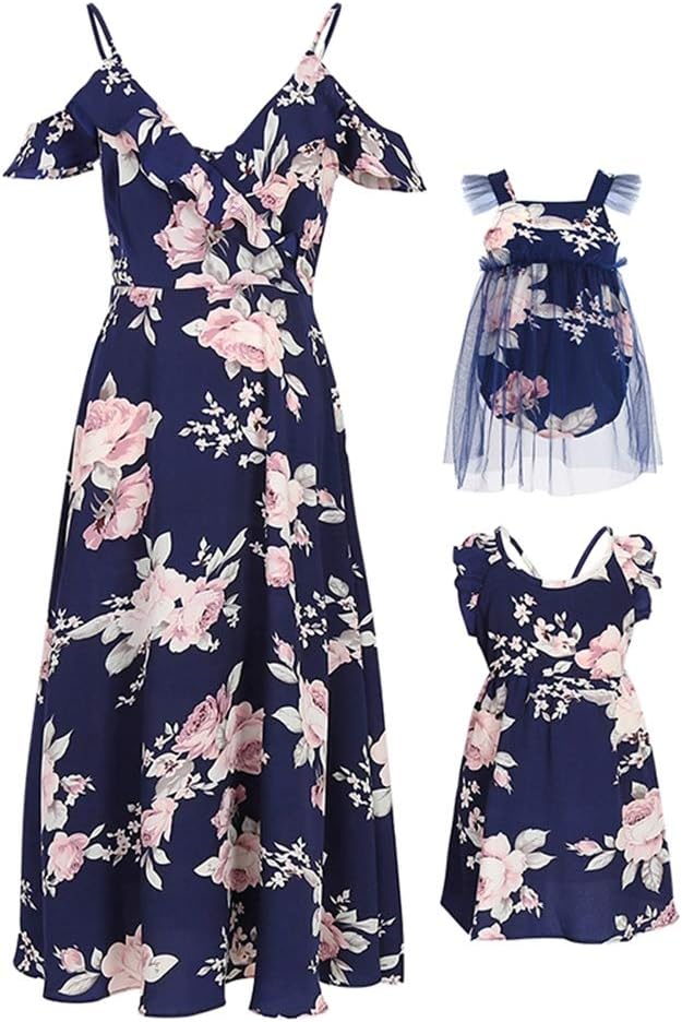 Mommy and Me Dresses Floral Print Cold Shoulder V-Neck Sweet Ruffle Backless Summer Clothes