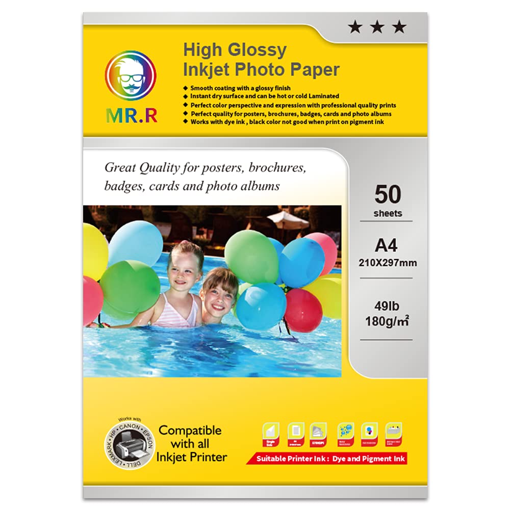 MR.R High Glossy Inkjet Photo Paper Instant Dry 180 GSM A4 of 50 Sheets for Canon HP Epson Inkjet Printers