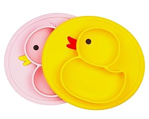 Baby Plate Silicone Toddler Plates Suction Placemat Divided Dishes for Kids and Infants One-Piece Strong Suction, BPA Free, Microwave Dishwasher Safe (Yellow&Pink)