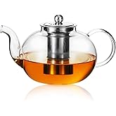 GURUDAR 50OZ/1500ML Glass Teapot with Stainless Steel Removable Infuser & Lid, Stovetop & Microwave Safe Clear Borosilicate Glass Tea Maker Water Kettle for Loose Leaf Blooming Tea