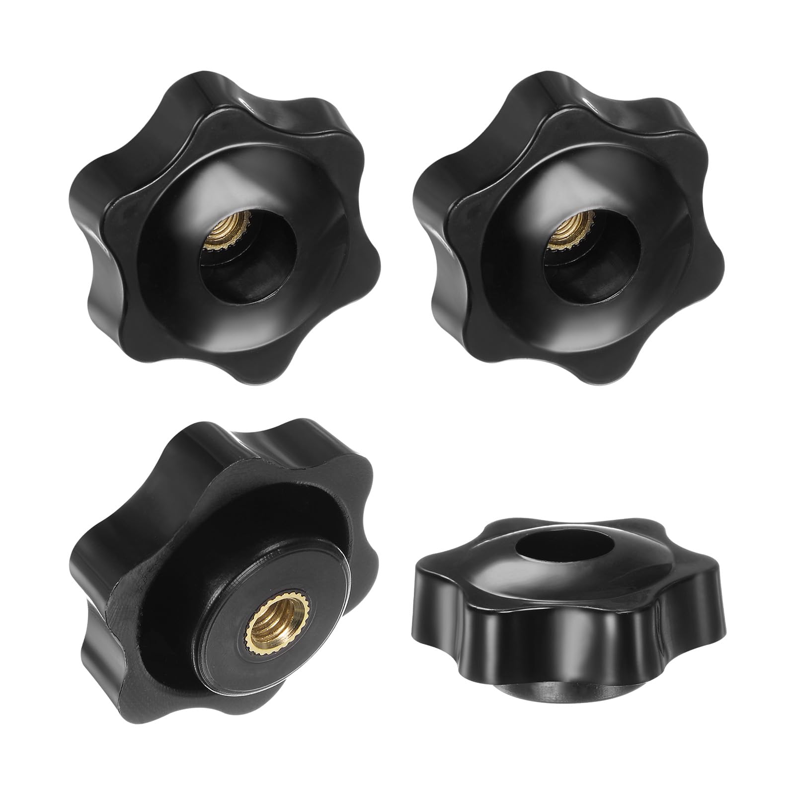 M METERXITY 4-Pack 6 Star Knobs, M6 Female Thread 38mm Hexagon Head Through Hole Clamping Grip Handles for Machinery/Electronic/Woodworking, Brass Screw-On Threaded Knob [Black]