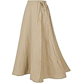 HIGAKI Womens Linen Skirt Elastic Waist A-Line Maxi Skirt with Pockets