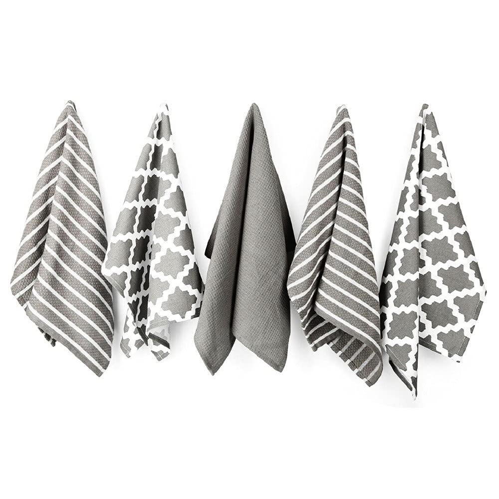 Penguin Home Premium 100% Pure Cotton Tea Towel for Kitchen, Set of 5 Kitchen Towels, Soft & Durable Kitchen Cloths Towel Set, Machine Washable, 65 x 45 cm Colour - Grey