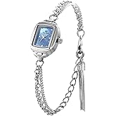 Womens Dainty Silver Gold Silver Rectangle Pearl Dial Tassel Chain Ultra Thin Waterproof Quartz Watch Ladies Dress Casual Elegant Analog Wristwatch Bracelet