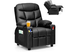 Costzon Kids Recliner Chair with Cup Holder, Adjustable Leather Lounge Chair w/Footrest & Side Pockets for Children Boys Girls Room, Ergonomic Toddler Furniture Sofa, Kids Recliner (Black)