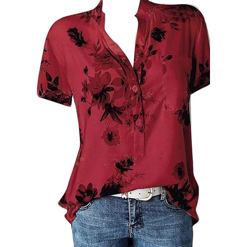 Tops for Women Summer,Blouse Shirts Floral Print V Neck Button Pocket Short Sleeve Summer Vintage Elegant Casual Tops