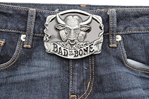 TFJ Men Belt Buckle Western Fashion Metal Bad To The Bones Buffalo Bull Silver