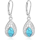 Vito 925 Sterling Silver Teardrop Earrings for Women, Moonstone Turquoise Drop Dangle Earrings Cat Snake Turtle Tree of Life Leverback Earrings Boho Jewelry Gift for Mom Wife
