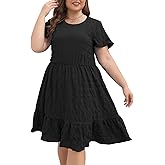 Celkuser Plus Size Casual Midi Dresses for Curvy Women Summer Round Neck Swing Dress with Pockets