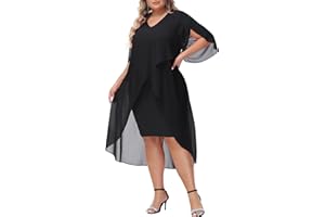 Hanna Nikole Womens Plus Size Chiffon Cocktail Dress Ruffle 3/4 Sleeve Wedding Guest Party Dresses with High Low Hem