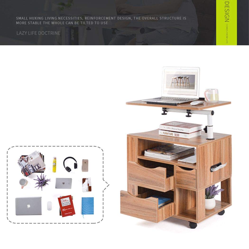 Height Adjustable Bedroom Side Storage Cabinet On Wheels For Home Office For Laptop Desk Multifunctional Modern Rolling Wood Nightstands Bedside Computer Table With Drawers