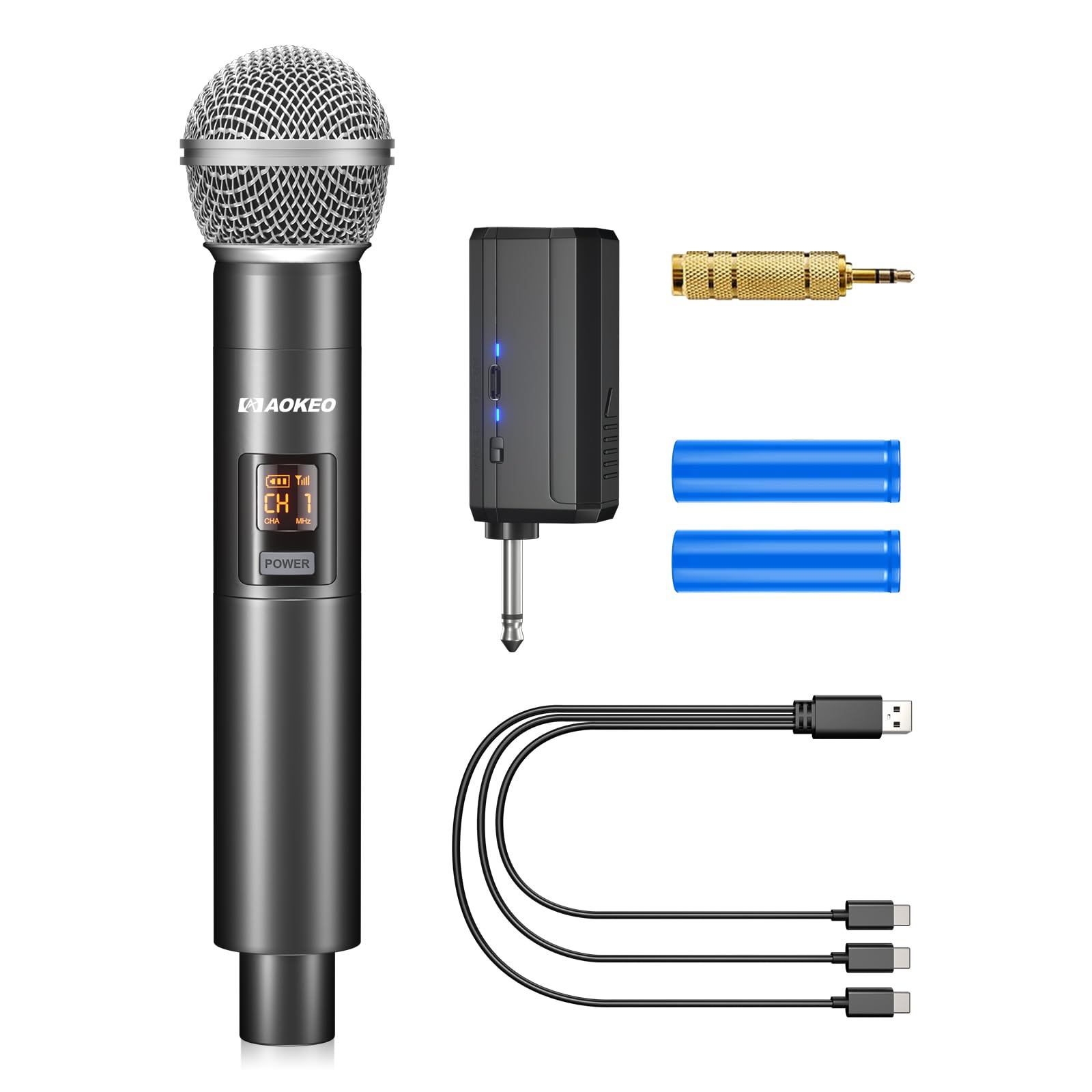 Photo 1 of Aokeo Wireless Microphone Only for Mic Input, UHF Metal Dynamic Handheld Multipurpose Mic with Rechargeable Receiver (Work 4hs), 160ft Range, for Karaoke Machine, Amplifier Speaker, Mixer, Church