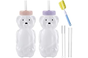 Honey Bear Straw Cups, Juice Bear Bottle Drinking Cup Long Straws with 4 Flexible Straws & Cleaning Tools, 8-Ounce Therapy Si