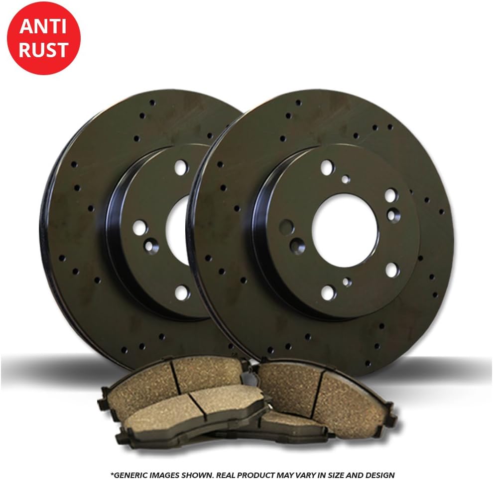 (Front Kit)(High-End) 2 Black Coated Cross-Drilled Disc Brake Rotors + 4 Ceramic Pads(Lancer)(4lug)