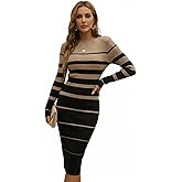 Sweater Dress for Women Midi Length Ribbed Knit Sweater Dress Contrasting Colors Sexy Bodycon Striped Dresses