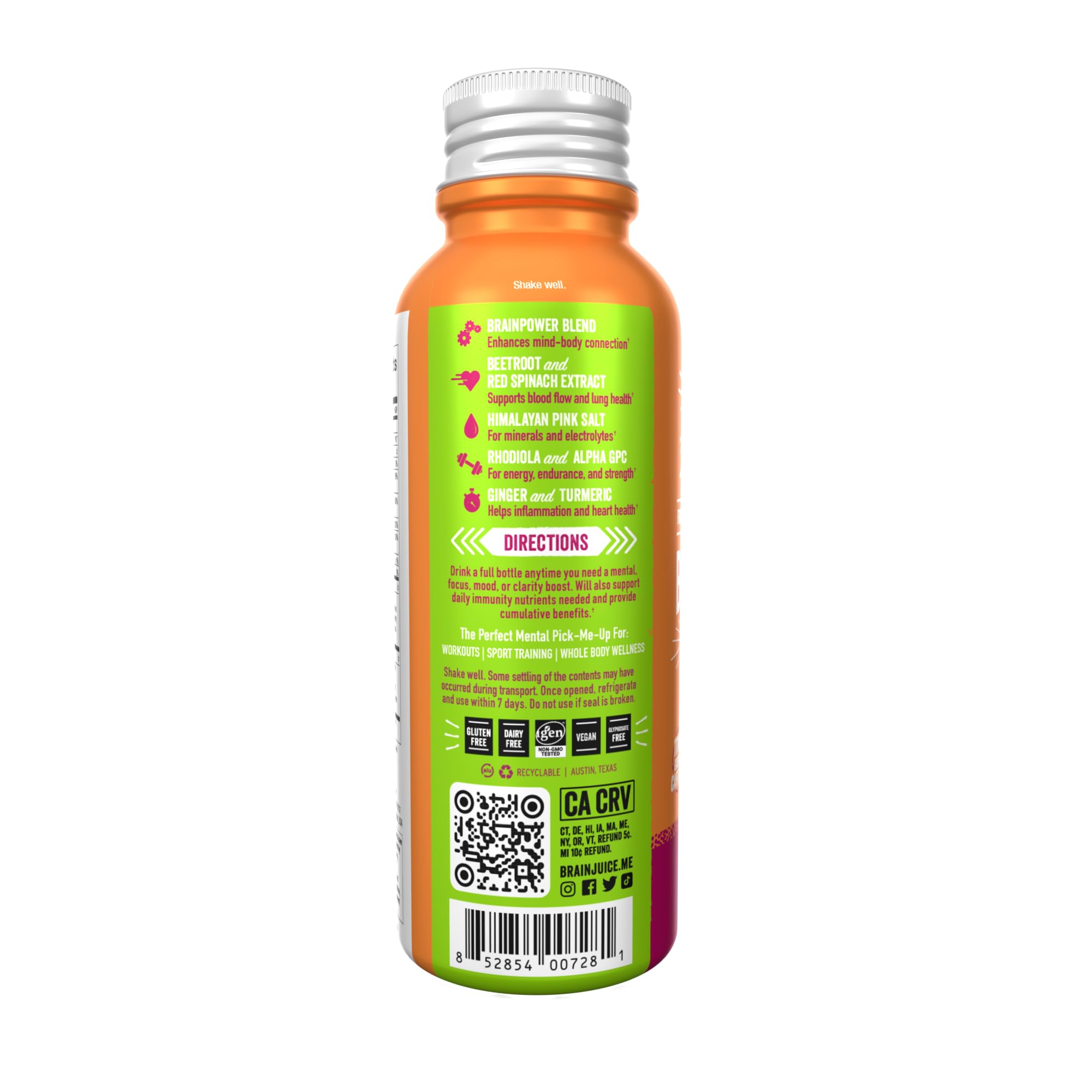 BrainJuice Brain Support Shot – Focus & Energy Supplement with Alpha GPC, B Vitamins & Green Tea Extract – Pomegranate Acai Flavor, 2.5 fl oz, 12-Pack